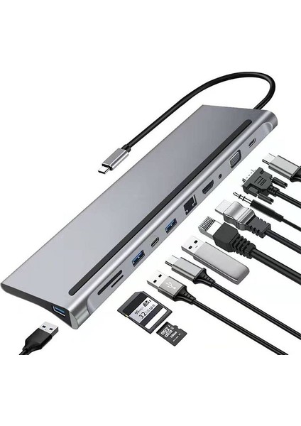 11 In 1 Type-C Hub Çoklayıcı HDMI VGA RJ45 Ethernet Typec Pd Dönüştürücü Adaptör Pc Laptop