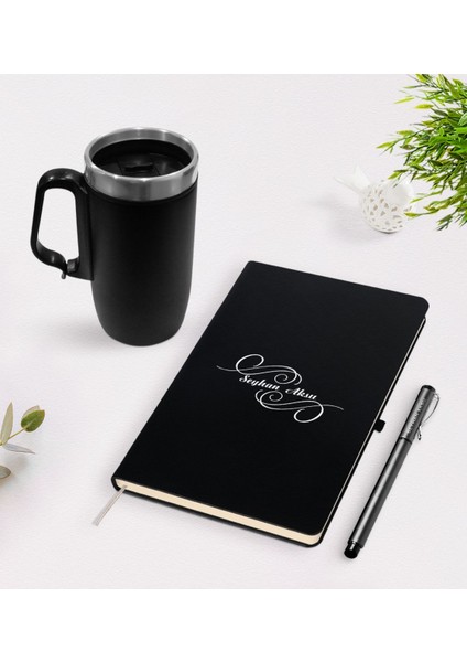 Kişiye Özel Isimli Siyah Defter Kalem Termos Mug Seti - 3
