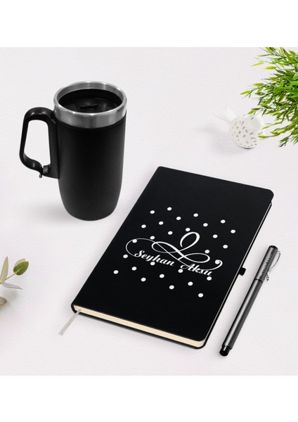 Kişiye Özel Isimli Siyah Defter Kalem Termos Mug Seti - 4