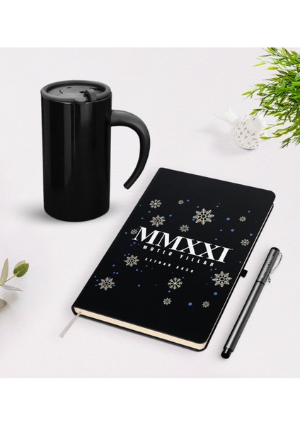 Kişiye Özel Yılbaşı 2021 Mutlu Yıllar Temalı Siyah Defter Kalem Termos Mug Seti - 4