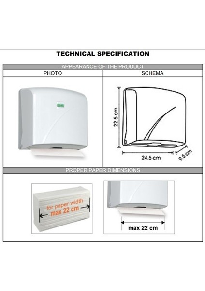 Z Katlı Kağıt Havlu Dispenseri Maks. Kağıt Genişliği 22 cm (Beyaz)