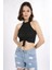 Mınt.21 Halter Yaka Önden Büzgülü Siyah Crop Örme Bluz 1
