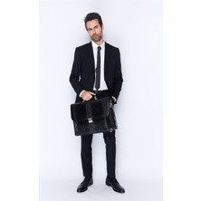 Aka Deri Siyah Timsah Desenli Deri Evrak Çantası 270