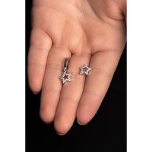 Zarif Silver Yıldız Motifli Kombin Parlak Zirkon Taşlı Gümüş Altın Kaplama Gümüş Küpe 925 Ayar