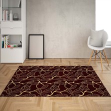 Bona Fortuna Gold Yaprak Desenli Dijital Baskı Yıkanabilir Kaymaz Taban Klasik Salon Halısı Bordo
