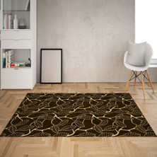 Bona Fortuna Gold Yaprak Desenli Dijital Baskı Yıkanabilir Kaymaz Taban Klasik Salon Halısı Kahve