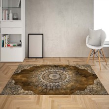 Bona Fortuna Osmanlı Motifler Desenli Etnik Dijital Baskı Yıkanabilir Kaymaz Taban Salon Halı ve Yolluk (Hardal)