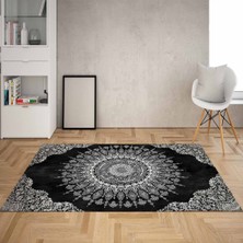 Bona Fortuna Osmanlı Motifler Desenli Etnik Dijital Baskı Yıkanabilir Kaymaz Taban Salon Halı ve Yolluk (Siyah)