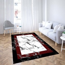 Bona Fortuna Mermer Desenli Bordo Çerçeveli Dijital Baskı Yıkanabilir Kaymaz Taban Modern Salon Halı ve Yolluk