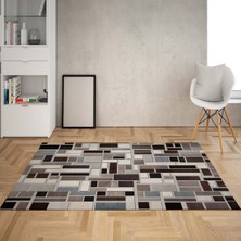 Bona Fortuna Geometrik Kare Blok Desenli Dijital Baskı Yıkanabilir Kaymaz Taban Etnik Kilim Desen Salon Halı