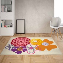 Bona Fortuna Çiçek Desenli Çerçeveli Dijital Baskı Yıkanabilir Kaymaz Taban Vintage Salon Halı ve Yolluk