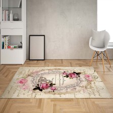 Bona Fortuna Gül Çiçek Desenli Çerçeveli Dijital Baskı Yıkanabilir Kaymaz Taban Vintage Salon Halısı ve Yolluk
