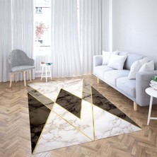 Bona Fortuna Geometrik Karo Mermer Desenli Gold Dijital Baskı Yıkanabilir Kaymaz Taban Salon Halı ve Yolluk Kahve