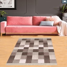 Bona Fortuna Kare Blok Desenli Dijital Baskı Yıkanabilir Kaymaz Taban Modern Salon Halısı ve Yolluk (Kahve)