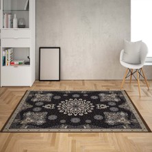 Bona Fortuna Osmanlı Motifler Desenli Dijital Baskı Yıkanabilir Kaymaz Taban Salon Halı ve Yolluk(Siyah)