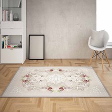Bona Fortuna Çiçek Desenli Çerçeveli Dijital Baskı Yıkanabilir Kaymaz Taban Vintage Salon Halı ve Yolluk