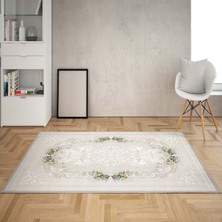 Bona Fortuna Çiçek Desenli Çerçeveli Dijital Baskı Yıkanabilir Kaymaz Taban Vintage Salon Halı ve Yolluk (Krem)
