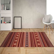 Bona Fortuna Kilim Desenli Etnik Dijital Baskı Yıkanabilir Kaymaz Taban Modern Salon Halı ve Yolluk (Kırmızı)