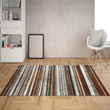 Bona Fortuna Çizgi Desenli Renk Geçişli Dijital Baskı Yıkanabilir Kaymaz Taban Salon Halısı ve Yolluk (Kahve)