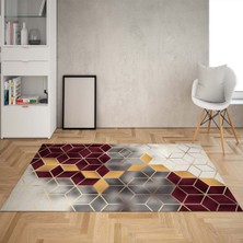 Bona Fortuna Balpeteği Desenli Dijital Baskı Yıkanabilir Kaymaz Taban Modern Salon Halısı ve Yolluk (Bordo)