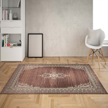 Bona Fortuna Osmanlı Motifler Desenli Dijital Baskı Yıkanabilir Kaymaz Taban Salon Halı ve Yolluk (Kahve)