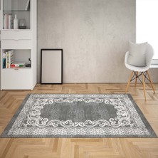 Bona Fortuna Osmanlı Motifler Çerçeve Desenli Dijital Baskı Yıkanabilir Kaymaz Taban Salon Halı ve Yolluk (Gri)