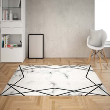 Bona Fortuna Beyaz Zemin Siyah Çerçeveli Mermer Desenli Dijital Baskı Yıkanabilir Kaymaz Taban Salon Halı Yolluk