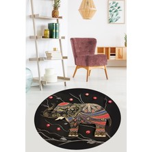 Bona Fortuna Fil Desenli Filli Etnik Dijital Baskı Yıkanabilir Kaymaz Taban Yuvarlak Salon ve Hol Halısı