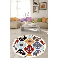 Bona Fortuna Otantik Kilim Desenli Etnik Dijital Baskı Yıkanabilir Modern Yuvarlak Salon ve Hol Halısı