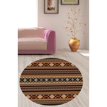 Bona Fortuna Kilim Motifler Desenli Etnik Dijital Baskı Yıkanabilir Kaymaz Taban Yuvarlak Salon Hol Halısı(Kahve)