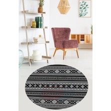Bona Fortuna Kilim Motifler Desenli Etnik Dijital Baskı Yıkanabilir Kaymaz Taban Yuvarlak Salon Hol Halısı(Gri)