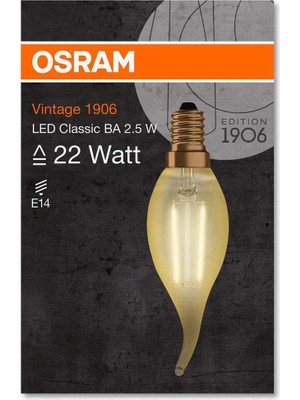 Osram - Vintage 1906 LED Classic 2.5W-22W Sarı Işık E14 Duy Mum Kıvrık Rustik Filamentli Ampul