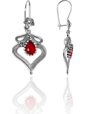 Midyat Nurtaş Gümüş Kalp Model Yakut Taşlı Telkari Gümüş Küpe