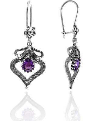 Midyat Nurtaş Gümüş Kalp Model Ametist Taşlı Telkari Gümüş Küpe