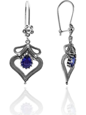 Midyat Nurtaş Gümüş Kalp Model Safir Taşlı Telkari Gümüş Küpe