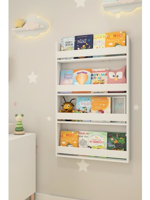 Dekomotif Montessori Mdf Çocuk Odası Eğitici Kitaplık 4 Raflı Beyaz Kitaplık 75X120