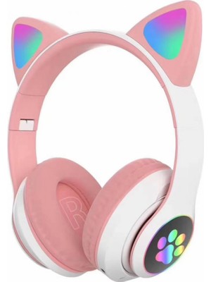 TEKNETSTORE Kablosuz Kedi Kulaklık Işıklı Kulaküstü Mikrofonlu Bluetooth Hafıza Kartı Girişli Çocuk Kulaklığı Wireless