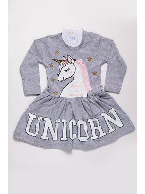 Mika Bebek Unicorn Desenli Kız Çocuk Gri Yazlık Elbise