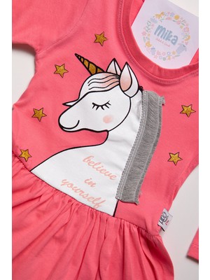 Mika Bebek Unicorn Desenli Kız Çocuk Pembe Yazlık Elbise