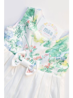 Mika Bebek Çiçekli Kurdelalı Kız Bebek Parlak Pileli Yeşil Elbise