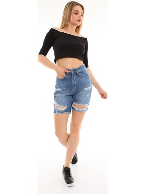 The Bark Lazerli Kadın Jean Şort 2430-847 Koyu Mavi