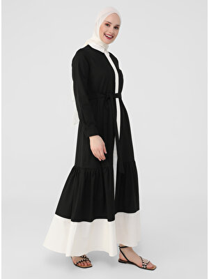 Refka Kemerli Garnili Eteği Volanlı Elbise - Siyah Beyaz - Refka Casual