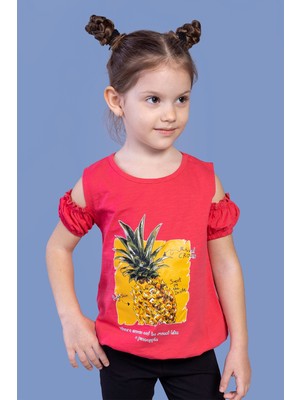 Toontoy Kids Toontoy Kız Çocuk Kolları Detaylı  Ananas Baskılı Tişört
