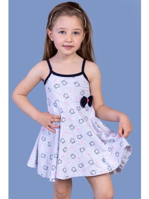 Toontoy Kids Toontoy Kız Çocuk Kedi Desenli Fiyonk Detaylı Volanlı Elbise