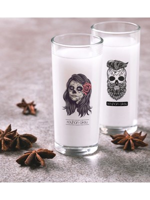 BK Kişiye Özel Renkli Baskılı Kurukafa Ikili Rakı Bardağı Seti-1
