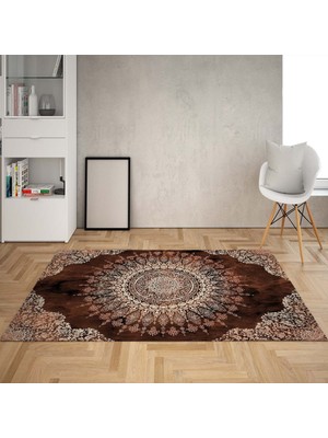 Bona Fortuna Osmanlı Motifler Desenli Etnik Dijital Baskı Yıkanabilir Kaymaz Taban Salon Halı ve Yolluk (Kahve)