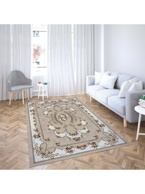 Bona Fortuna Osmanlı Motifler Desenli Dijital Baskı Yıkanabilir Kaymaz Taban Klasik Salon Halısı ve Yolluk(Kahve)