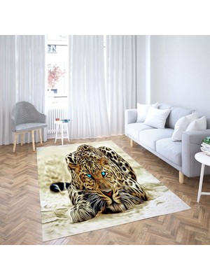 Bona Fortuna Leopar Desenli Dijital Baskı Yıkanabilir Kaymaz Taban Modern Salon Halı ve Yolluk