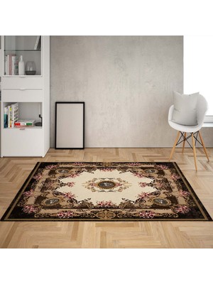 Bona Fortuna Osmanlı Motifler Desenli Etnik Dijital Baskı Yıkanabilir Kaymaz Taban Salon Halı ve Yolluk(Kahve)