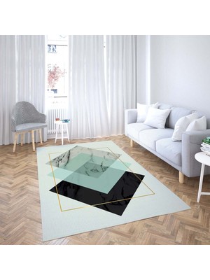 on the clouds Geometrik Karo Desenli Gold Dijital Baskı Yıkanabilir Kaymaz Taban Modern Salon Halısı ve Yolluk